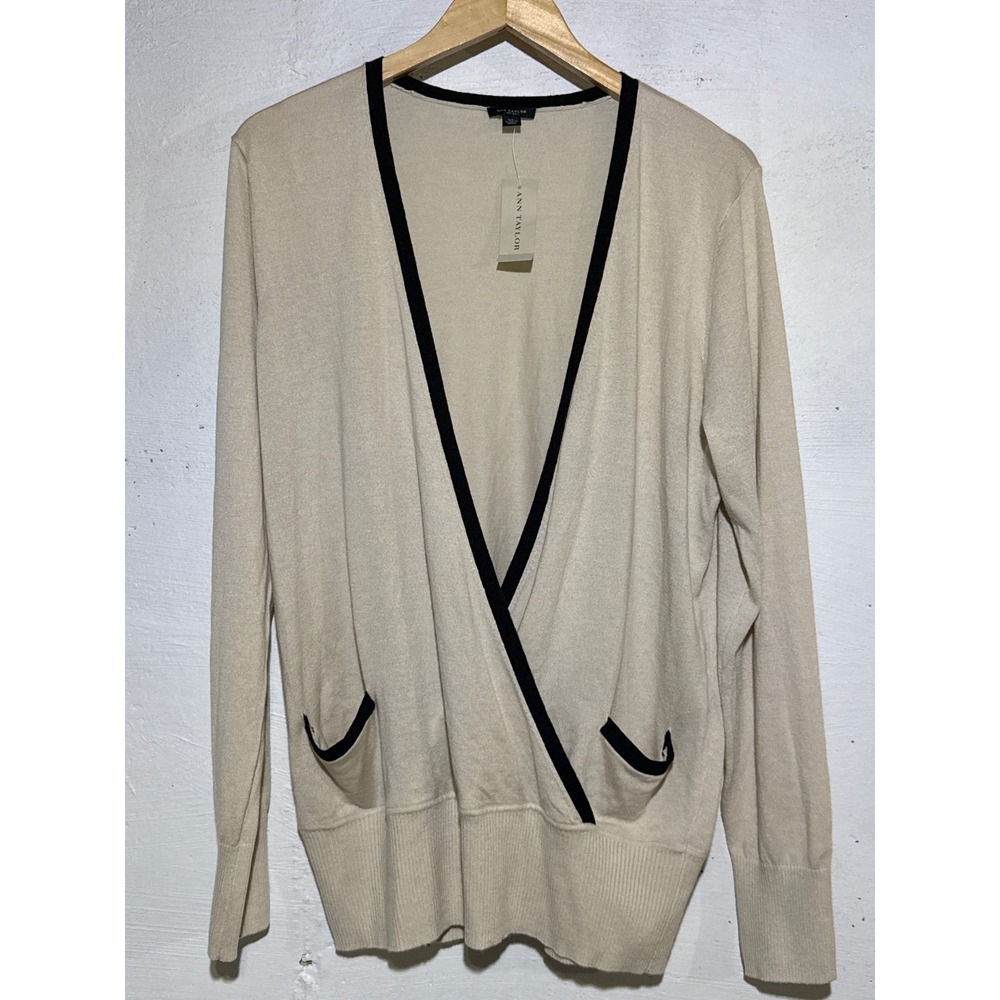Ann Taylor Womens XL Cream Black Trim Open Front Cardigan Knit Sweater NWT